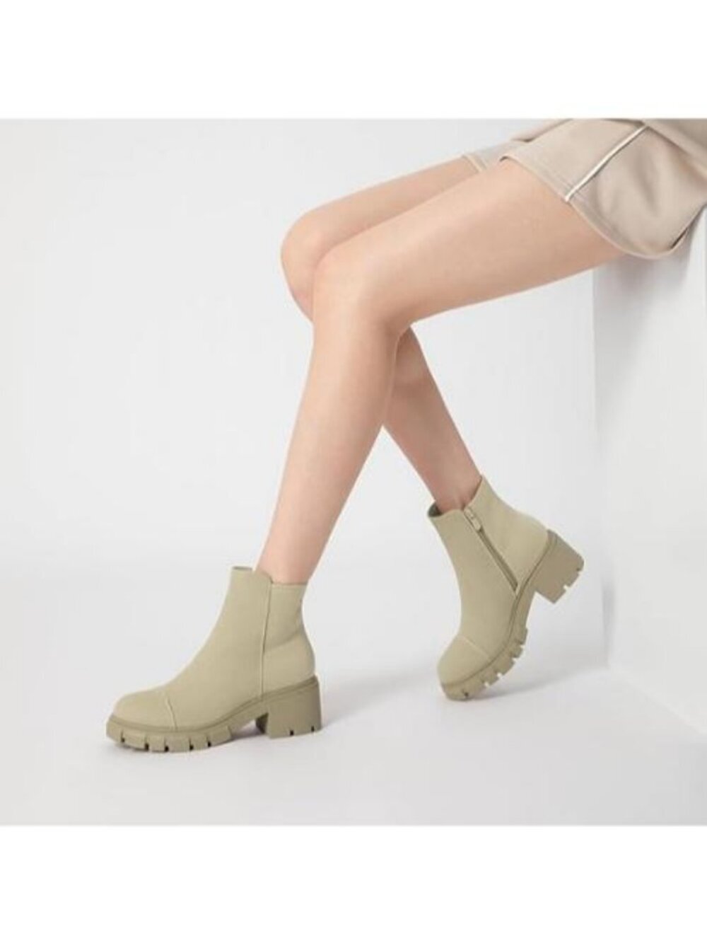 Women's Ankle Boots Platform Lug Sole Chunky Heel Booties Side Zipper Apricot - Picture 5 of 6